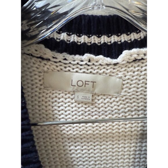 Ivory & Navy Open Front Cardigan Sweater With Button Closure & Pockets By Loft S - Picture 3 of 10